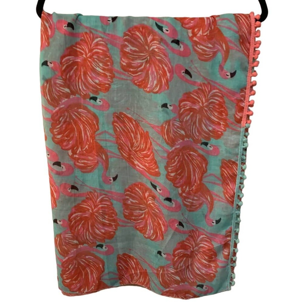 MISSSHORTHAIR Scarf Wrap Dancing Pink Flamingo Mint background pom-pom fringe